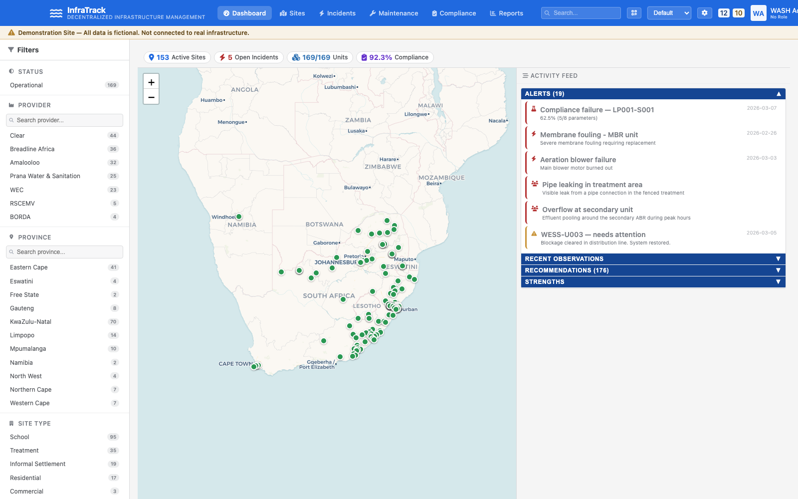 InfraTrack dashboard rendering sites as a live status map