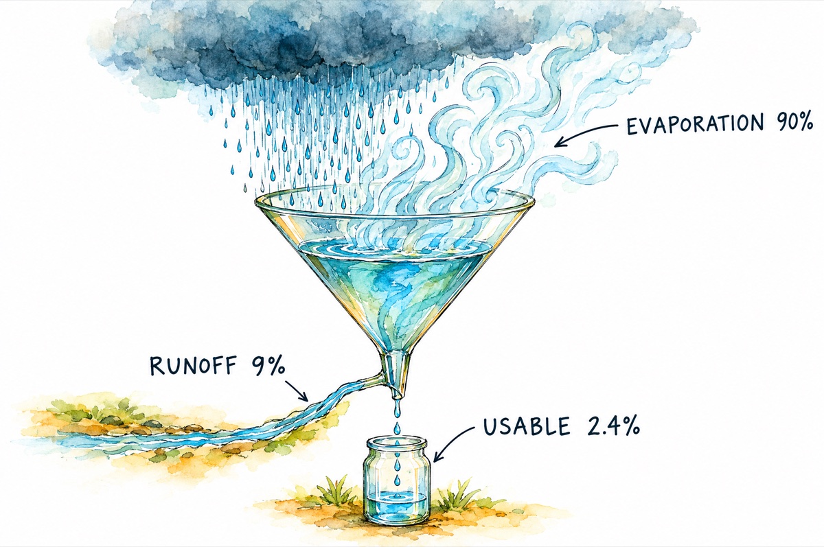 Illustration: Only about one drop in eleven of rain becomes river flow, and about a quarter of that is dependably usable.