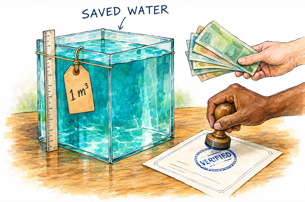 Illustration: A water credit is one verified cubic metre of saved water, paid for by a buyer.