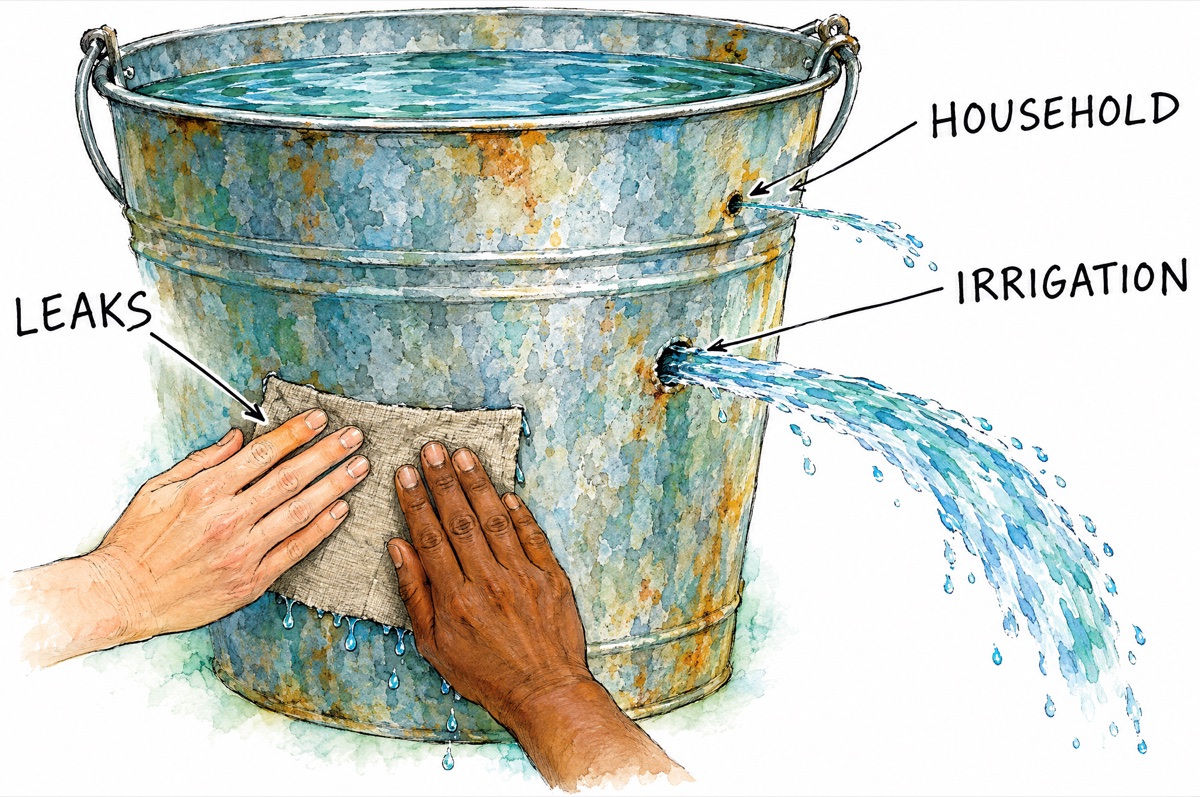 Illustration: The biggest saving is in the largest hole: municipal leaks, ahead of irrigation and household use.