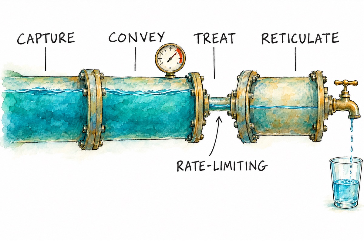 Illustration: Water reaches the tap through stages in series, and the narrowest stage sets the flow for the whole chain.