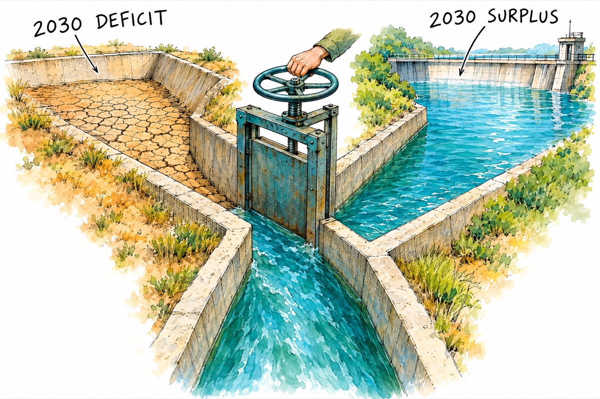 Illustration: The 2030 shortfall is a choice: the same rain gives a deficit or a surplus depending on losses and use.